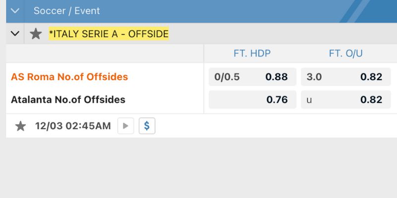 Bảng cược việt vị trận AS Roma vs Atalanta tại Series A